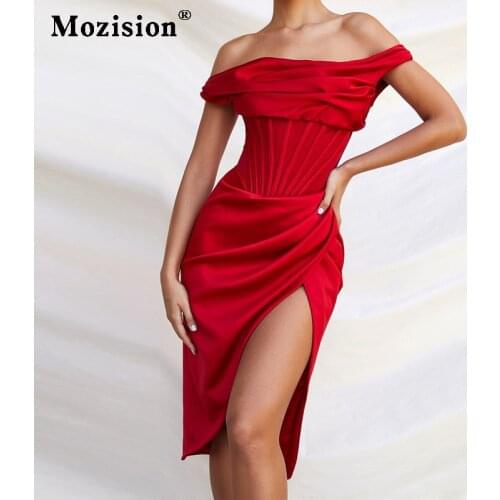 Mozision Red Stain Asymmetric Drape Midi Corset Dress Celebrity Elegant High Split One Shoulder Women Sexy Party Dress Vestidos