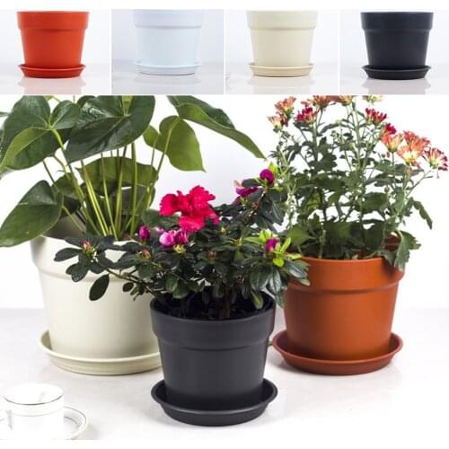 1PCS Thicken Flower Pot Durable Resin Plant Flower Pot With Tray Gloss Planter Home Garden Decoration Drainage Holes