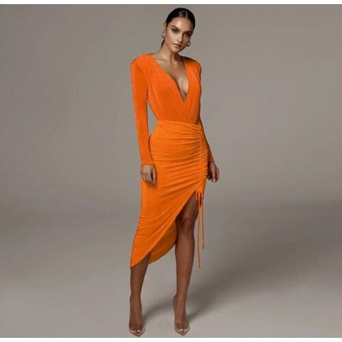 Deep V Velvet Sexy WOmen Elegant Solid Dress Suits Casual Ruched Waist ClubWear High Slit Party Dress Long Sleeve