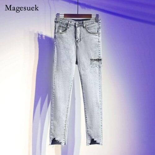 Diamond Denim Nine-point Pants Women 2021 Fashion Hole High Waist Thin Trousers Ripped Jeans for Women Skinny Jeans Women 16147