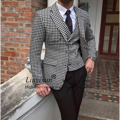 Mens Suits For Wedding Houndstooth Suits Double Breasted Vest Trousers Prom Tuxedos (Blazer+vest+Pants) 3 Pieces Costume Homme