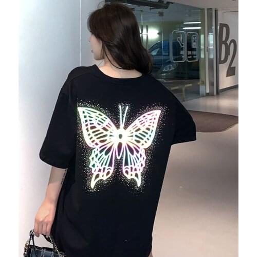 NEWS Fashion Reflective Butterfly Print Casual T Shirt Men Women Oversize Short Sleeve Shirt Solid Tee Pair Lovers Clothes