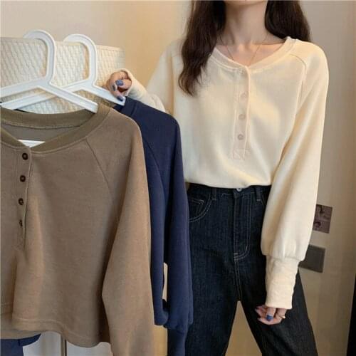 Hoodies Women No Hat Elegant Button Soft All-match Short Style Korean Classic Solid Comfortable Students Loose Casual Sweatshirt