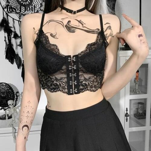 InsDoit Gothic Vintage Lace Summer Top Women Black Harajuku Streetwear Sexy Corset Camis Sleeveless E Girl 90s Grunge Crop Tops