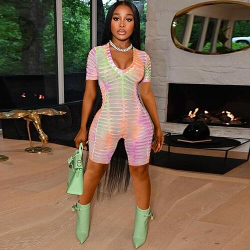 Hot Selling Womens Sexy Deep V Neck Tight Rompers Ladies Short Sleeve See Through Jumpsuit Female Body-shaping Clubwear Catsuit