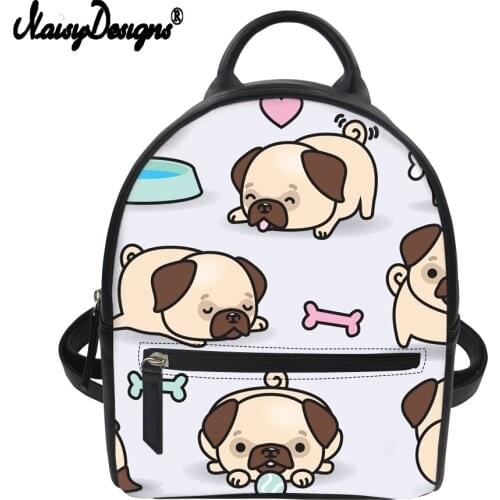NOISYDESIGNS Fashion PU Leather Women Backpack Small Cute Pug Dog Cartoon Female Rucksack Kids Girls School Bags Bagpack Mochila