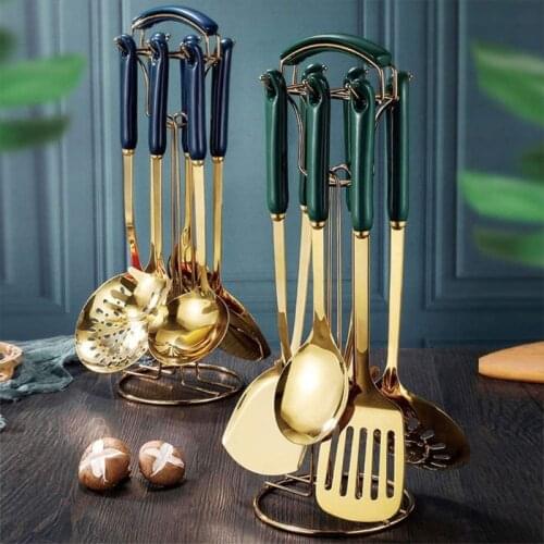 Nordic 7Pcs Kitchen Utensil Set Stainless Steel Cooking Spoon Spatula Shovel with Ceramic Handle Carousel Holder Tools