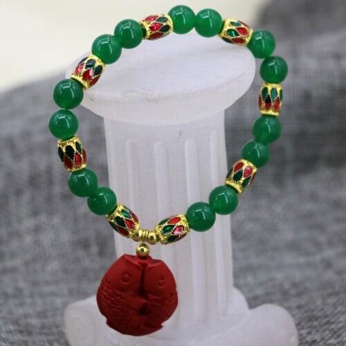 Natural 8mm green jades stone chalcedony round beads bracelet gold-color cloisonne pendant high grade women jewels 7.5inch B2909