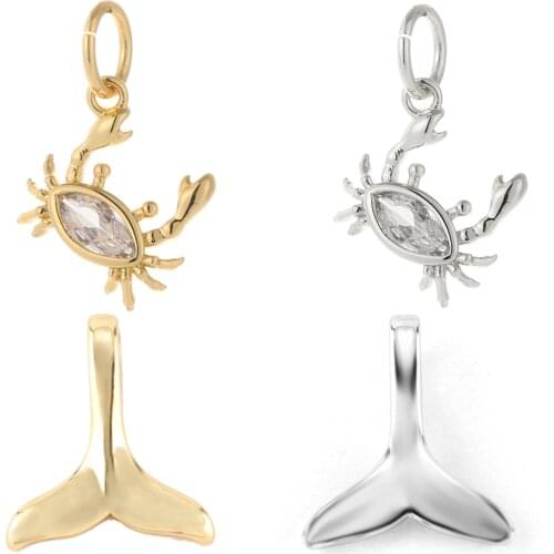 Charm Charms for Jewelry Making Supplies Gold Animal Crab Fish Tail Diy Earring Necklace Copper Mosaic CZ Zircon Accessories