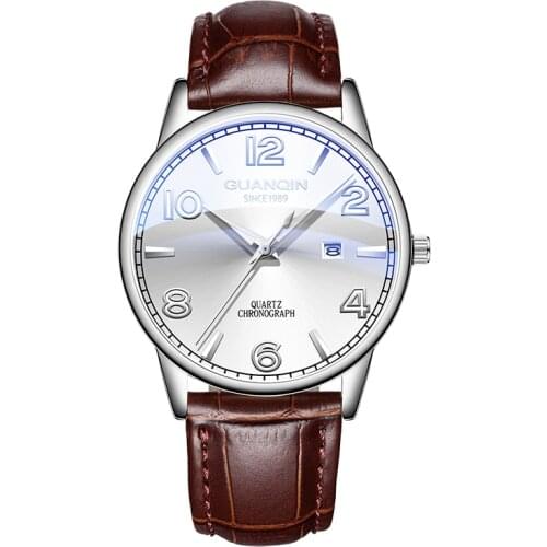 Hot GUANQIN Mens Watches Fashion Date Luminous Waterproof Scratch Resistant Wristwatches Wearable Sport Leather Quartz Watch