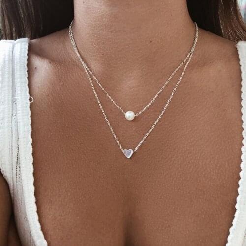 Simple Pearl Choker Necklace For Women Multi-layer Love Heart Silver Color Chocker Necklace Party Jewelry Collier Femme