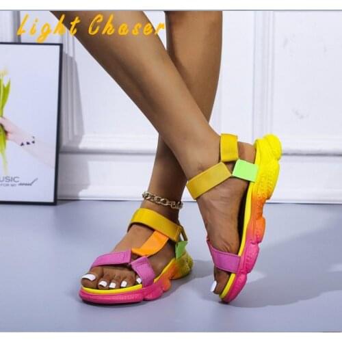 Fashion Large Size Platform Sandals Women 2021 Summer Velcro Rainbow Casual Flat Women Sandals Open Toe Soft Beach Sandals 35-43