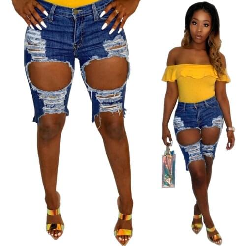 Sexy Hollow Out Tassel Ripped Jeans Knee Length Women Summer Fashion Mid Waist Tight Jeans Shorts Woman Distressed Blue Shorts