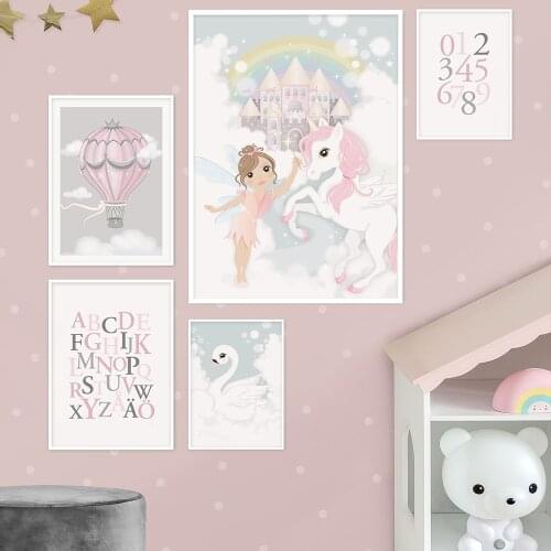 Fairy land Cartoon Girl Unicorn Castle Swan Wall Art Canvas Painting Nordic Posters And Prints Wall Picture Kids Girl Room Decor