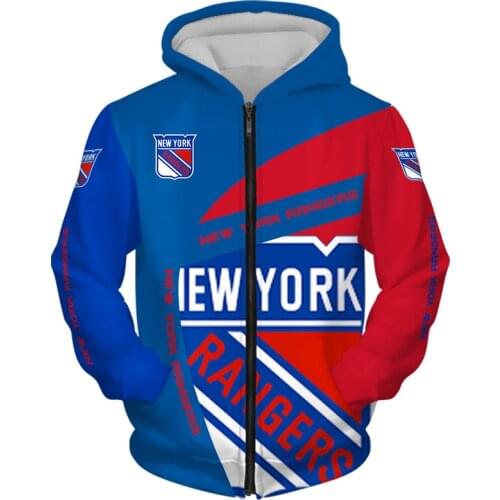 New York mens Fashion Long Sleeve 3D Rangers Zip Hoodies Blue Red Stitching Letter Geometric Pattern Print Sweatshirt