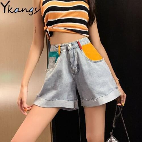 Vintage Woman Jeans Short Wide-leg High Waist Denim Shorts Korean Style Spliced Ripped Cuffs Streetwear Loose Slim Female Shorts