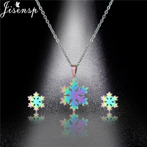 Vintage Colorful Snowflake Necklace Snow Flower Pendant Collier Earrings Stainless Steel Jewelry Sets for Women Christmas Gift