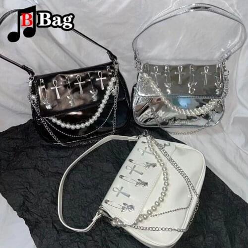 Harajuku Womens Girl Gothic Handbag shoulder bag Y2K pin cross Pendant Underarm bag Lady Punk pearl chain Single Shoulder Tote