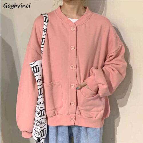 Women No Hat Hoodies Solid Pockets Zip-up Loose Soft Single Breasted Sweet Girls Leisure All-match Trendy Sweatshirts Female New