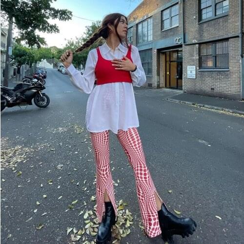 Y2K Print Vintage Slit Flared Pants Women Casual High Waisted Long Trousers Fashion Skinny Pants Capris Wild Streetwear