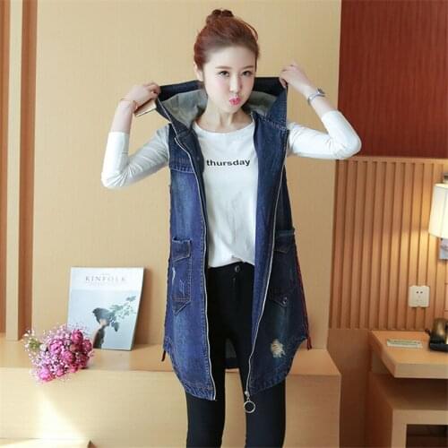 Spring and summer women cowboy vests coats fashion slim long sleeveless hooded coat jean jackets