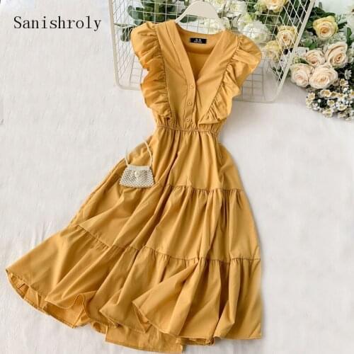 Sanishroly 2020 Summer Women Solid Sleeveless Dress V-Neck Ruffles Dresses Female High Waist Big Swing Long Dress Vestidos SE921