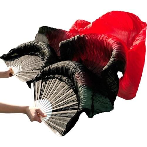 100% Silk Belly Dance Fans Stage Props Handmade Dyed 1Pair Left+Right Hand Belly Dancing Long Silk Fans Gradient Color Black+Red