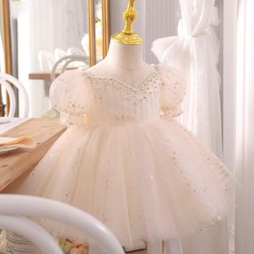 2021 Baby Girl Baptism Dress Kids Beading Bow Lace Tulle Toddler Christening Gown 1st Birthday Dresses Infant Boutique Vestido