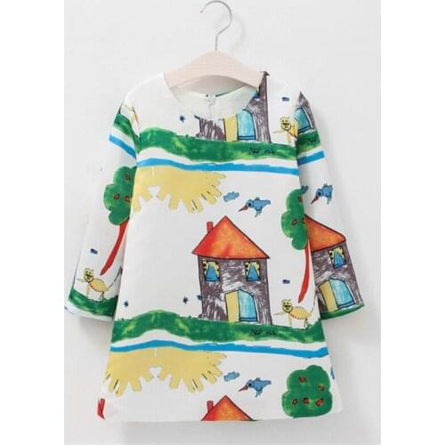 Spring Autumn 1-12Y Girls Dress Costume Long Sleeve Baby Dresses Children Clothing Flower House tree printing Kids Clothes