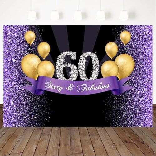 Golden Balloon Happy 60th Birthday Photography Background Flash Purple Diamond Fabulous Sixty Birthday Party Decorations Banner