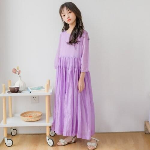 2020 Summer Light Purple Maxi Teen Girls Dress Teenage Girl Loose Casual Long Dresses Children Mother Daughter Clothes