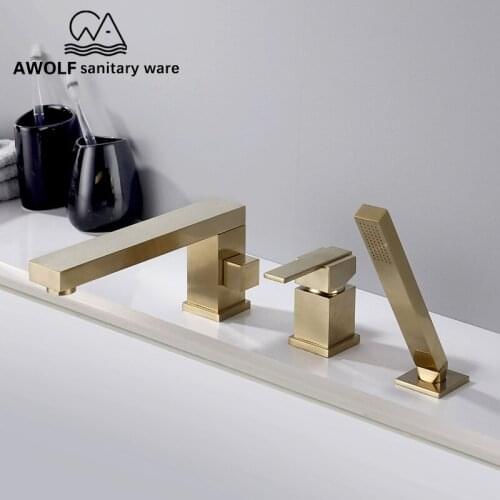 Bathroom Bathtub Faucet Shower 3 Pcs Brushed Gold Pull Out Shower Basin Faucet Solid Brass Deck Mounted Hot Cold Mixer TapML8059