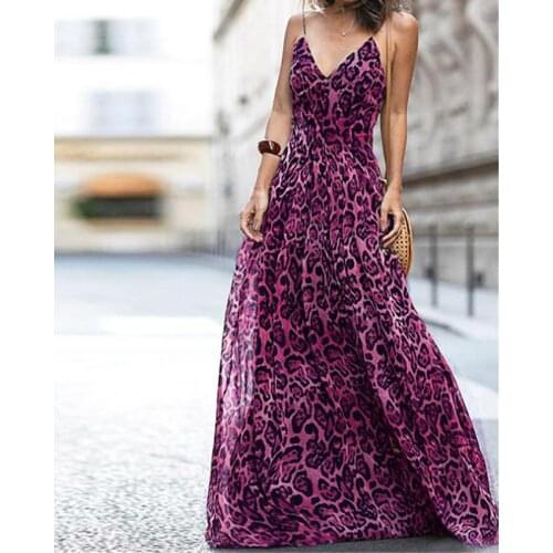 Fashion Sexy Dress Leopard V-Neck Sling Dress Maxi Dresses Women Summer Sleeveless Chiffon Beach Long Dress Robe Tops Dress