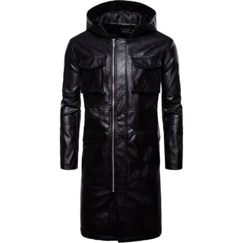 Men Fashion Hooded Long Windbreaker Jacket England Style Pockets Leather Jackets Male Coat Europe/US Size Newest Leather Jacket