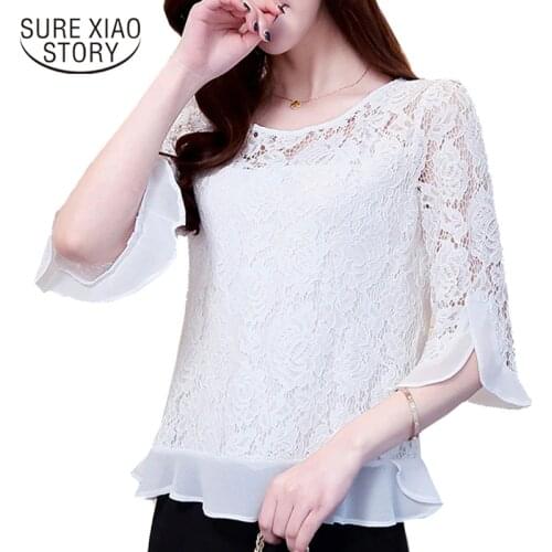 New Arrival 2021 Female Casual Plus Size Elegant Slim Floral Lace Blouse Spring Fashion Half Sleeve Chiffon Blouse 109C 30