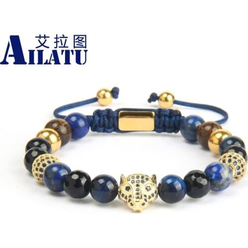 New Blue Cz Panther Men Bracelet 8mm Natural Tiger Eye Stone Macrame Leopard Jewelry with Stainless Steel Logo Beads