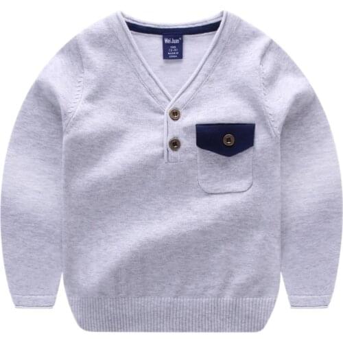 Wei Juan Brand New Boys Spring Autumn V-neck Full Cotton Pullover Pocket Botton Solid Thin Cute Knitted Casual Quality Sweaters