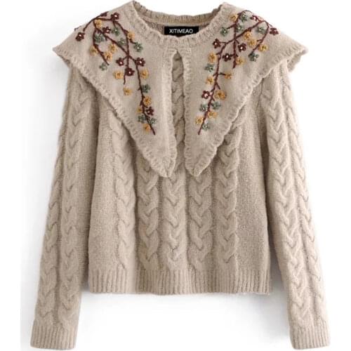 ZA New Women Knitting Sweater Short Casual Femme O-Neck Long Sleeve Pullover High Street Lady Neckline embroidery Tops