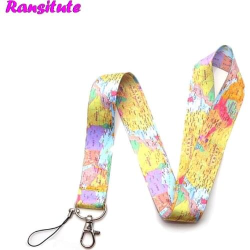 Ransitute R415 World Map Lanyard Neck Strap For Keys ID Card Mobile Phone Straps Badge Holder DIY Hang Rope
