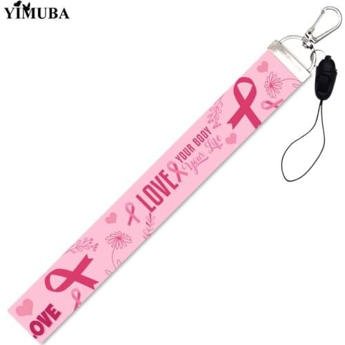 Breast Cancer Awareness Lanyards Keychain Anti-Lost Mobile Phone Straps Pink Ribbon Hand Rope Bag Charm Car Key Chain Women Gift