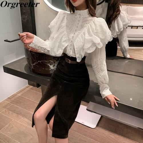 Spring Stylish Retro Stand collar Single-breasted Ruffles Embroidery Lantern sleeve Shirt + Split Corduroy Skirt 2 Piece sets