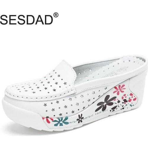 Fashion Flower Print Platform Wedge Slippers For Women Ladies Casual Slip-on Slides New Breathable Genuine Leather Women Sandals