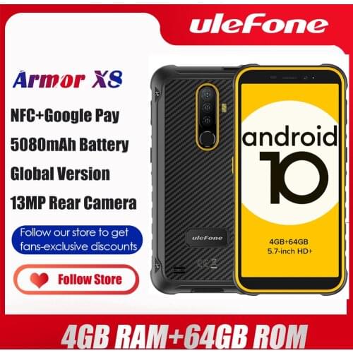 Ulefone Armor X8 Rugged Waterproof Smartphone Android10 5.7-inch Cell Phone 4GB 64GB ip68 Octa-core NFC 4G LTE Mobile Phone