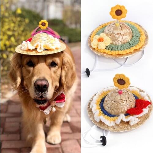 Pet Dog Straw Sun Hat Cap Hawaii Style Sombrero Hats For Small Dogs Cats Chihuahua Petshop Summer Outdoor Accessories