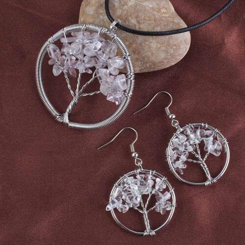 YJXP Classic Silver Plated Wire Wrap Tree of Life Pendant Necklace Natural Rock Crystal Earrings for Party Charms Jewelry Sets