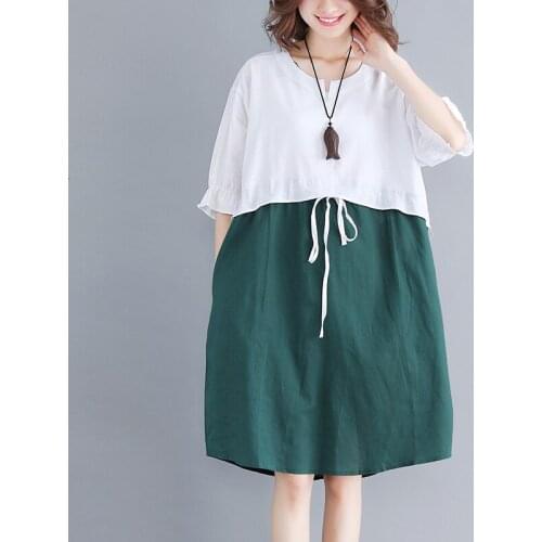 Cotton Linen Patchwork Women Dresses 2021 Summer Vintage Half Sleeved Loose Knee-length All Match Female Dresses