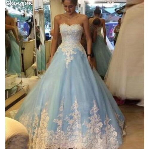 Chengjun Women Elegant Ball Gown Bridal Blue Wedding Dress