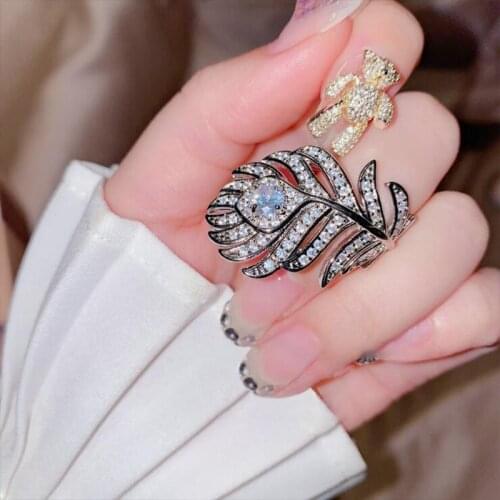 Shiny Peacock Feather 925 Sterling Silver Elegant Ring Adjustable Opening Rings For Women Zircon Phoenix Tail Ring Band Jewelry