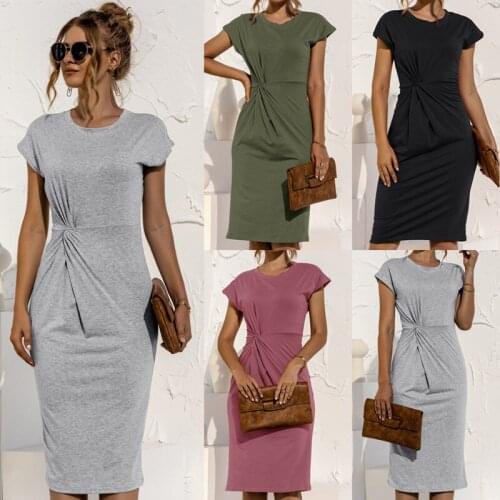 Summer Dress Womens Clothing 2021 Robe Femme Shor Sleeve Slim Twisted Grey Pencil Dresses Midi Dress For Woman Vetido De Mujer