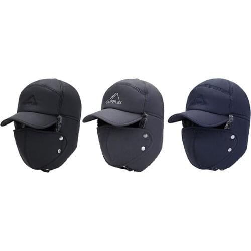 Winter 3 in 1 Thermal Fur Lined Trapper Bomber Hat with Ear Flap Face Warmer Windproof Baseball Ski Cap